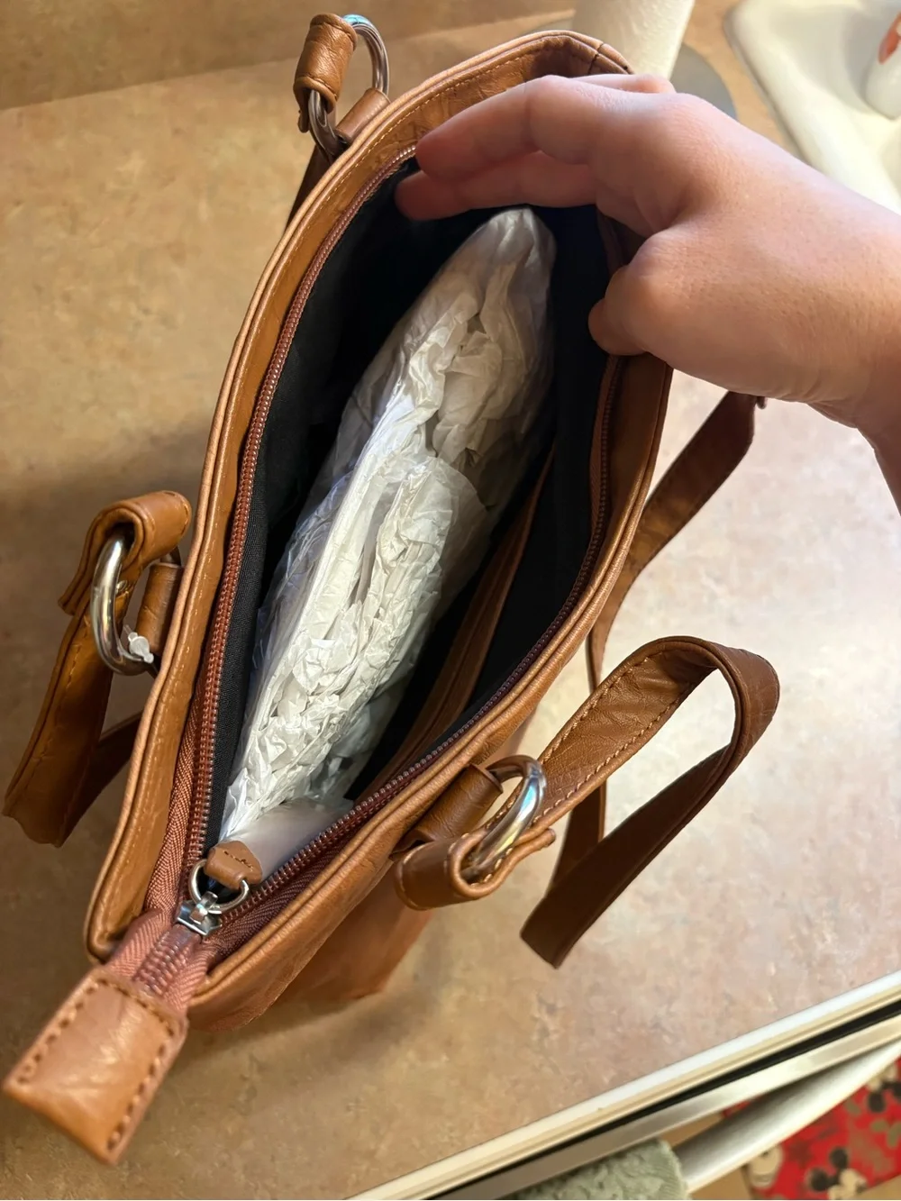 Stone & Co. Tan Shoulder Bag with Double Zip Front Pockets -mild damage